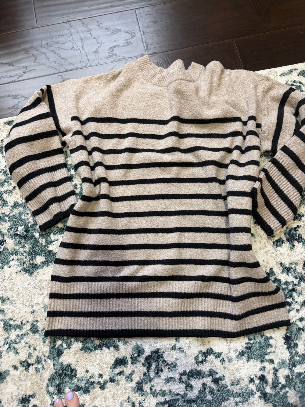 a new day Beige & Black Striped Crewneck Sweater
